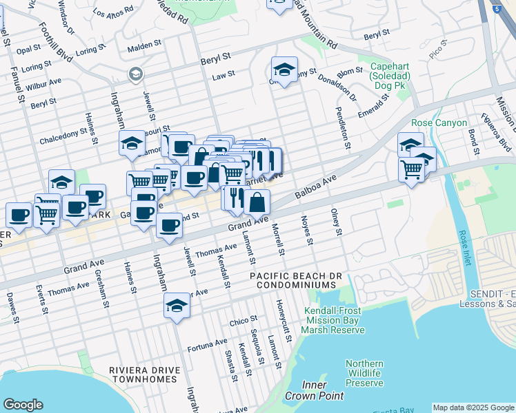 map of restaurants, bars, coffee shops, grocery stores, and more near 1944 Hornblend Street in San Diego