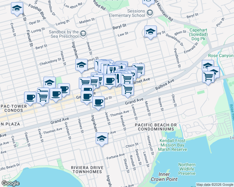 map of restaurants, bars, coffee shops, grocery stores, and more near 1805 Garnet Avenue in San Diego