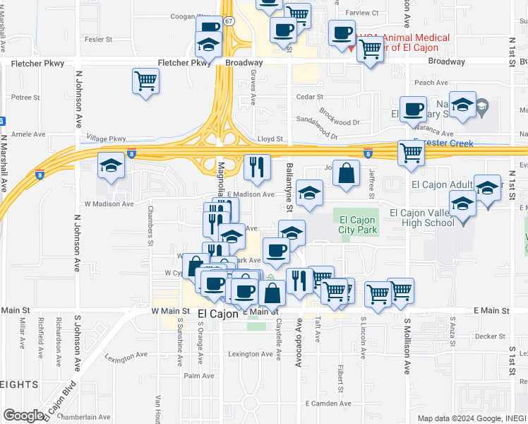 map of restaurants, bars, coffee shops, grocery stores, and more near 285 East Madison Avenue in El Cajon