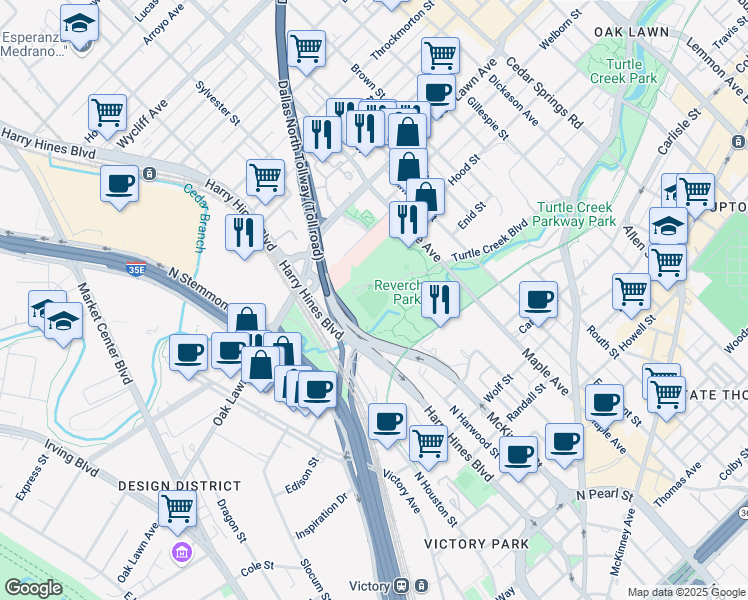map of restaurants, bars, coffee shops, grocery stores, and more near 3600 Henson Street in Dallas