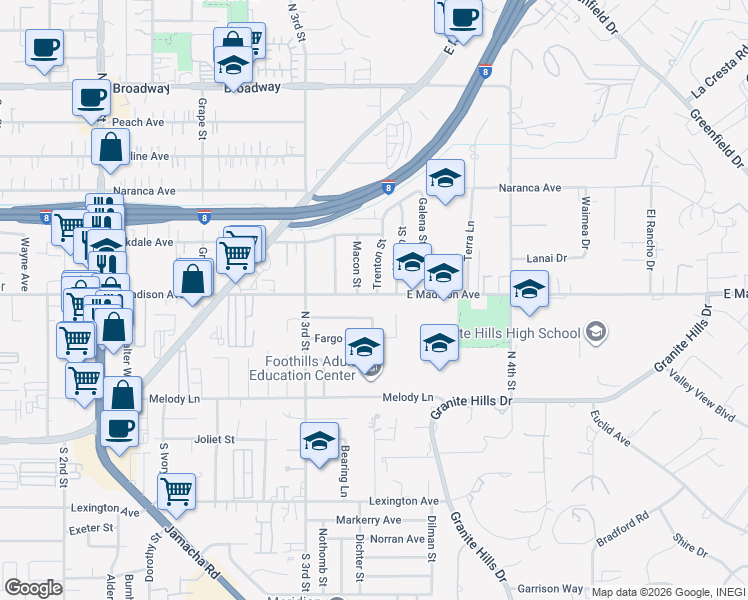 map of restaurants, bars, coffee shops, grocery stores, and more near 1573 East Madison Avenue in El Cajon