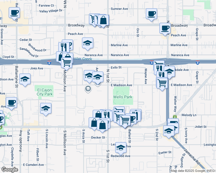 map of restaurants, bars, coffee shops, grocery stores, and more near 503 North 1st Street in El Cajon