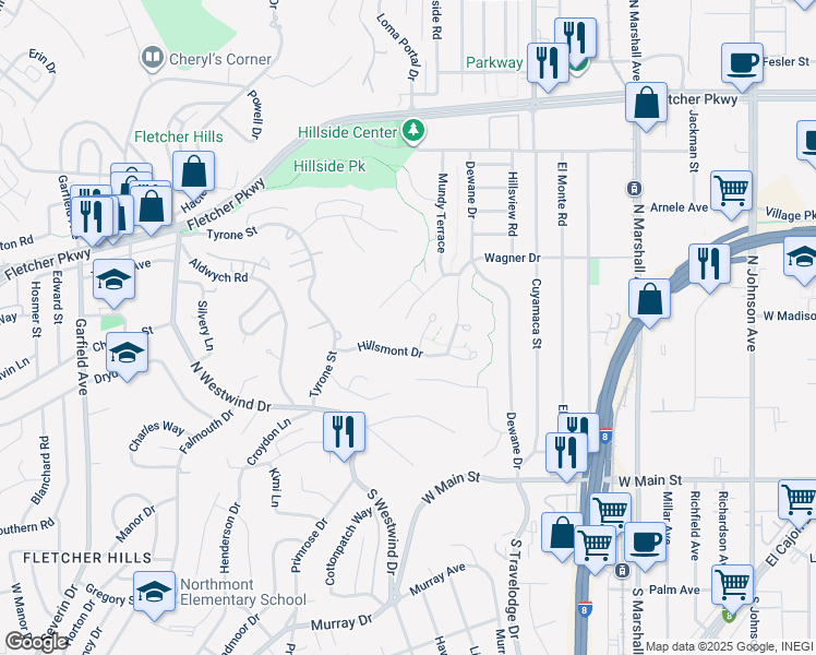 map of restaurants, bars, coffee shops, grocery stores, and more near 1564 Wagner Drive in El Cajon