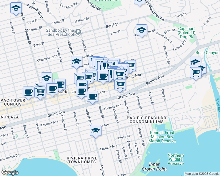 map of restaurants, bars, coffee shops, grocery stores, and more near 1805 Garnet Avenue in San Diego