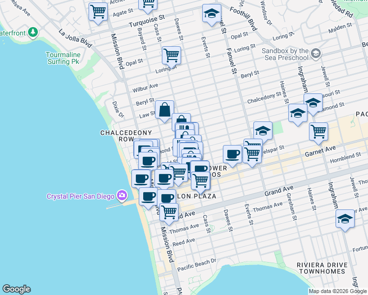 map of restaurants, bars, coffee shops, grocery stores, and more near 951 Missouri Street in San Diego