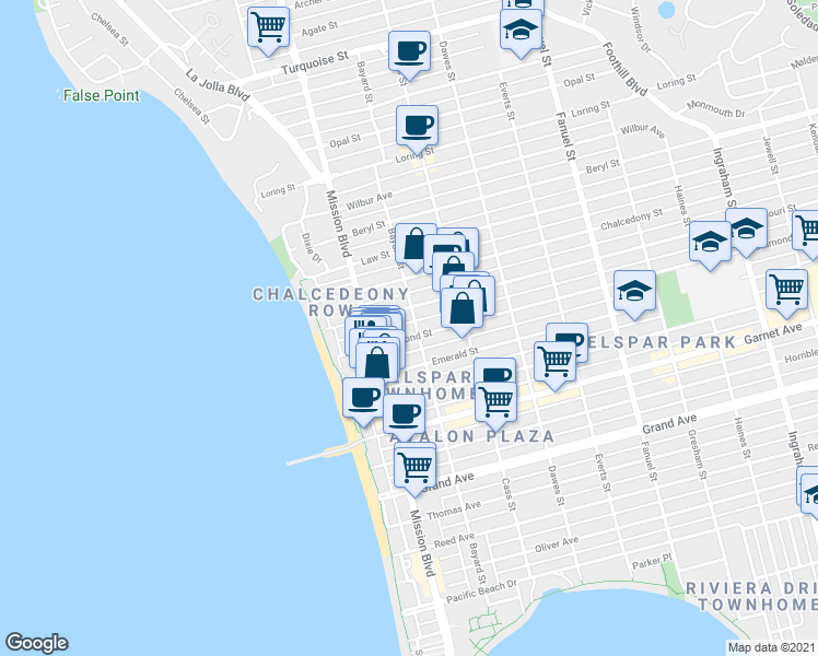 map of restaurants, bars, coffee shops, grocery stores, and more near 875 Missouri Street in San Diego