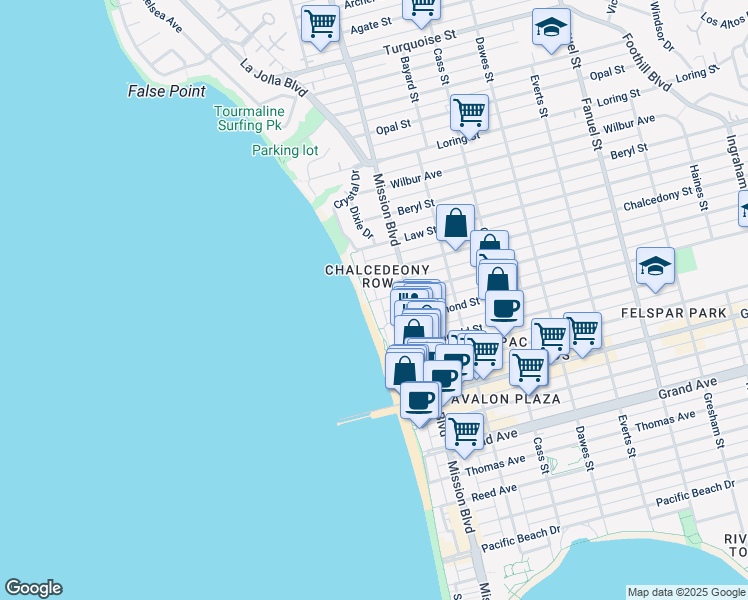 map of restaurants, bars, coffee shops, grocery stores, and more near 641 Chalcedony Street in San Diego
