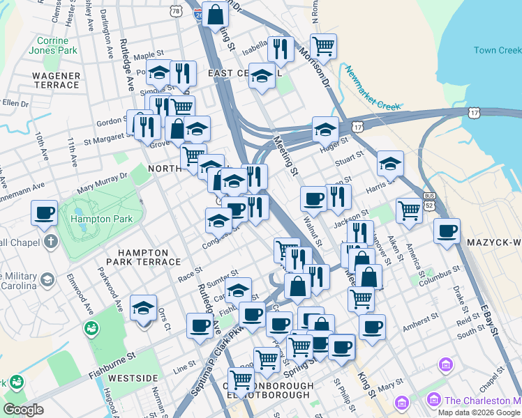 map of restaurants, bars, coffee shops, grocery stores, and more near 20 Benson Street in Charleston