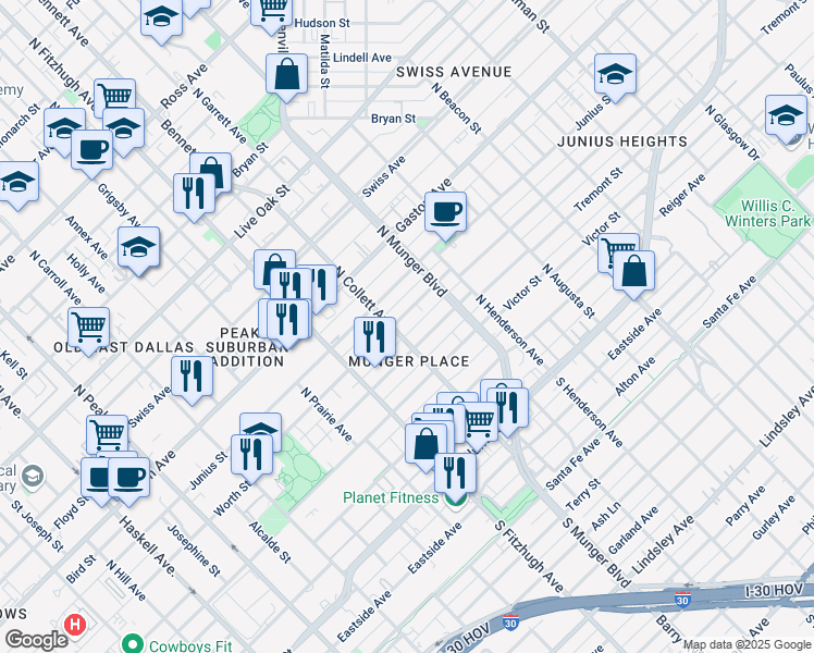 map of restaurants, bars, coffee shops, grocery stores, and more near 5018 Worth Street in Dallas