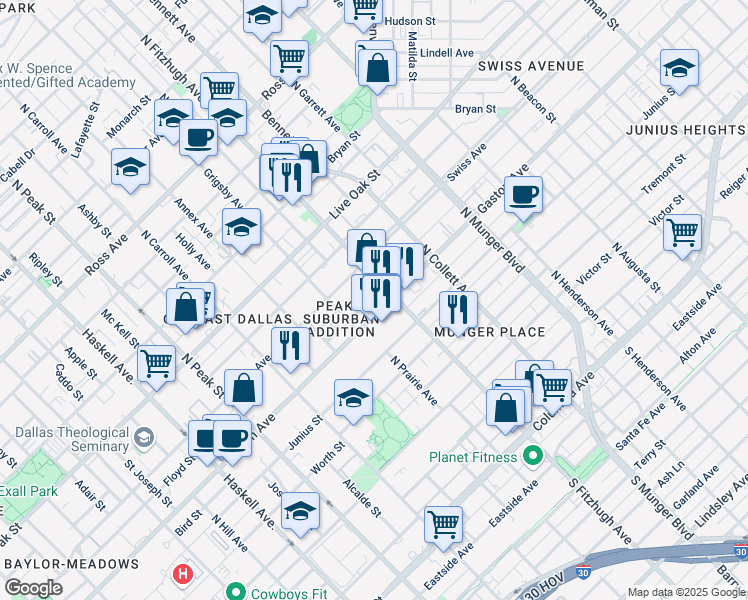 map of restaurants, bars, coffee shops, grocery stores, and more near 4901 Gaston Avenue in Dallas