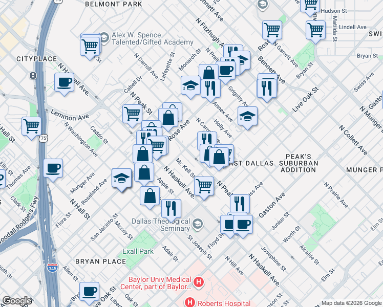 map of restaurants, bars, coffee shops, grocery stores, and more near 1513 North Peak Street in Dallas