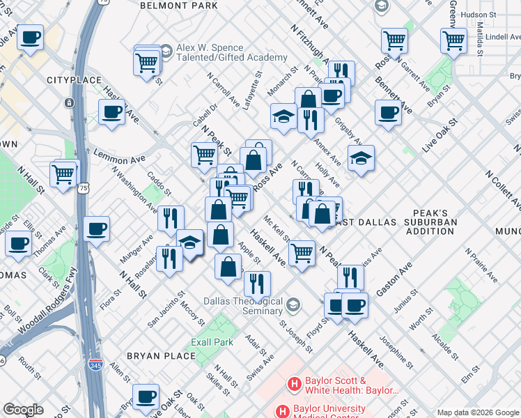 map of restaurants, bars, coffee shops, grocery stores, and more near in Dallas