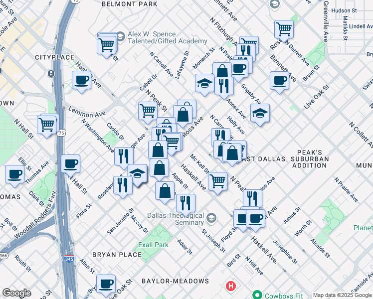map of restaurants, bars, coffee shops, grocery stores, and more near in Dallas