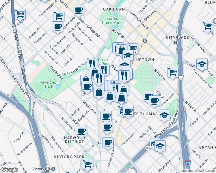 map of restaurants, bars, coffee shops, grocery stores, and more near 2693 Cole Avenue in Dallas
