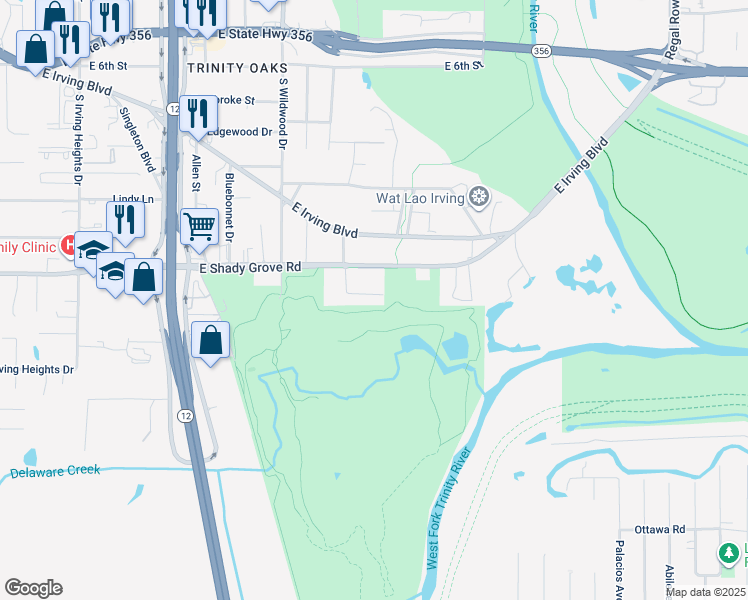 map of restaurants, bars, coffee shops, grocery stores, and more near 2235 Riverview Drive in Irving