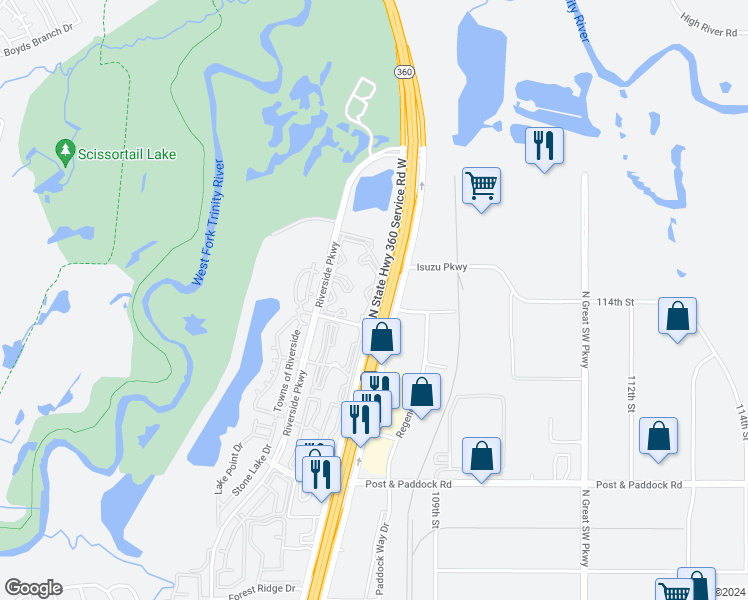 map of restaurants, bars, coffee shops, grocery stores, and more near 2825 North Highway 360 in Grand Prairie