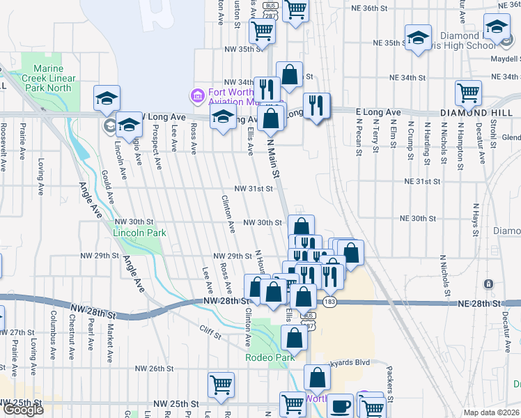 map of restaurants, bars, coffee shops, grocery stores, and more near 3014 Ellis Avenue in Fort Worth