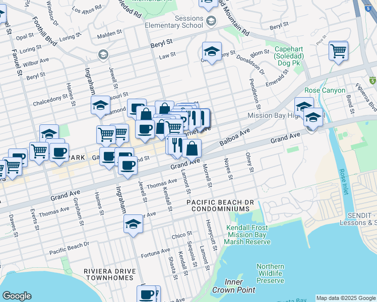 map of restaurants, bars, coffee shops, grocery stores, and more near 1944 Hornblend Street in San Diego