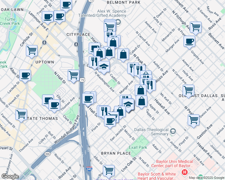 map of restaurants, bars, coffee shops, grocery stores, and more near 2507 North Washington Avenue in Dallas