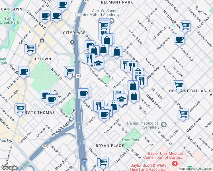 map of restaurants, bars, coffee shops, grocery stores, and more near 2423 North Washington Avenue in Dallas