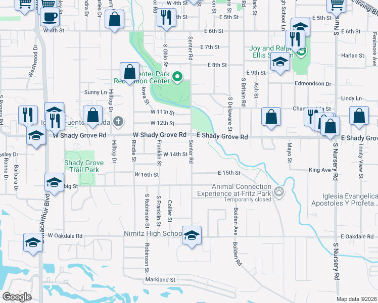 map of restaurants, bars, coffee shops, grocery stores, and more near 100 East Shady Grove Road in Irving