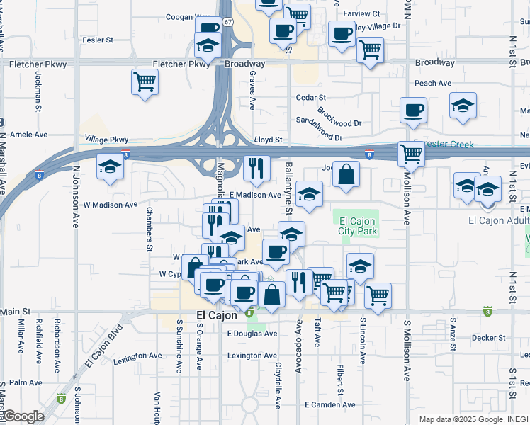 map of restaurants, bars, coffee shops, grocery stores, and more near 453 Graves Avenue in El Cajon