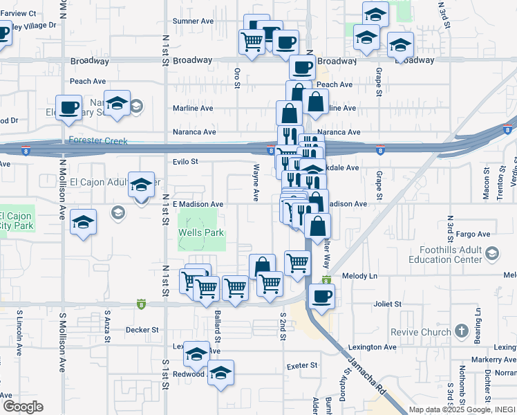 map of restaurants, bars, coffee shops, grocery stores, and more near 1241 East Madison Avenue in El Cajon