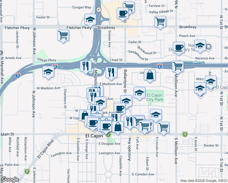 map of restaurants, bars, coffee shops, grocery stores, and more near 453 Graves Avenue in El Cajon