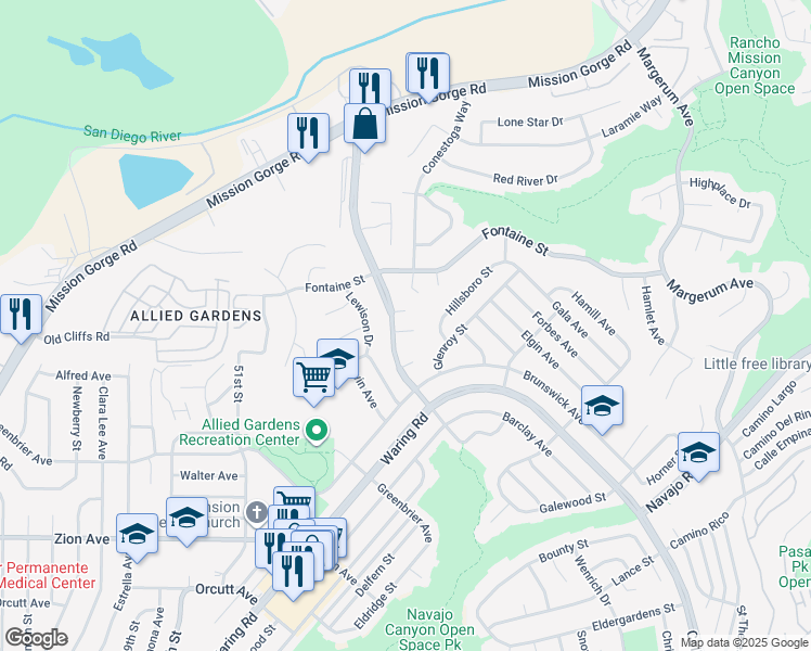 map of restaurants, bars, coffee shops, grocery stores, and more near 5424 Princess View Place in San Diego