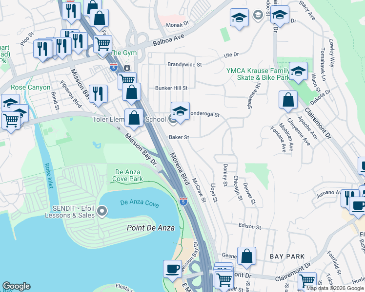 map of restaurants, bars, coffee shops, grocery stores, and more near 3359 McGraw Street in San Diego
