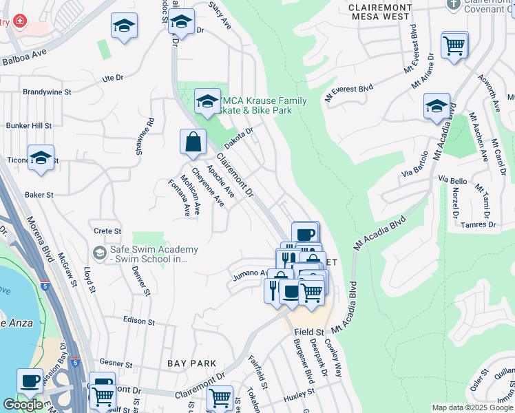 map of restaurants, bars, coffee shops, grocery stores, and more near 4715 Blackfoot Avenue in San Diego