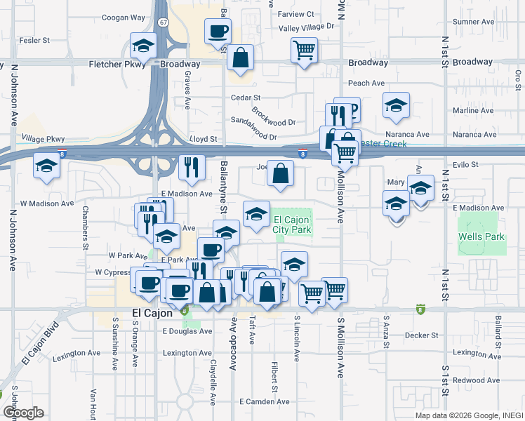map of restaurants, bars, coffee shops, grocery stores, and more near 505 East Madison Avenue in El Cajon