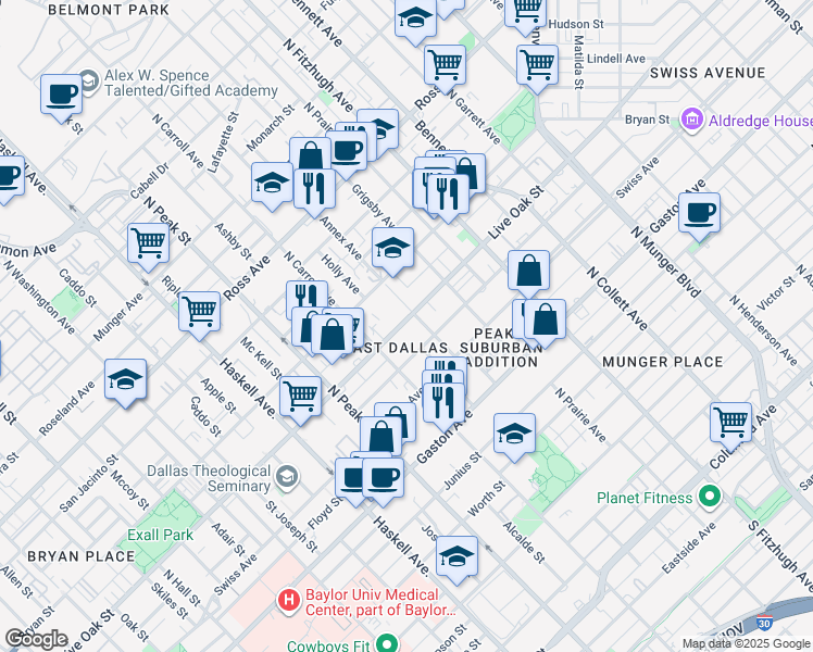 map of restaurants, bars, coffee shops, grocery stores, and more near 4524 Live Oak Street in Dallas