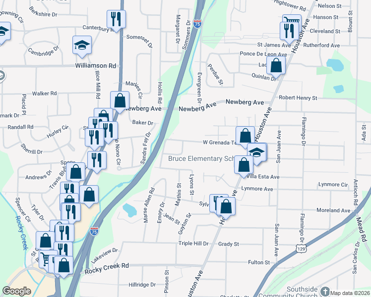 map of restaurants, bars, coffee shops, grocery stores, and more near 1112 North Beddingfield Drive in Macon