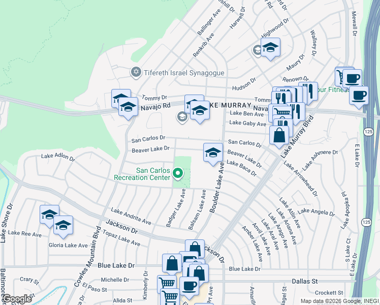 map of restaurants, bars, coffee shops, grocery stores, and more near 8151 Beaver Lake Drive in San Diego