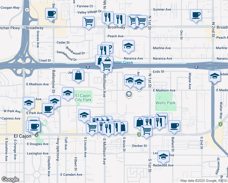 map of restaurants, bars, coffee shops, grocery stores, and more near 965 East Madison Avenue in El Cajon
