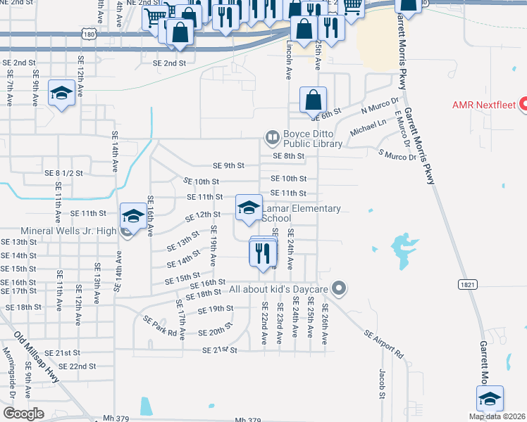map of restaurants, bars, coffee shops, grocery stores, and more near 1300 Southeast 23rd Avenue in Mineral Wells