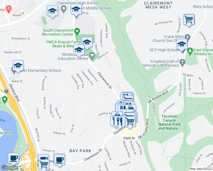 map of restaurants, bars, coffee shops, grocery stores, and more near 3244 Clairemont Drive in San Diego