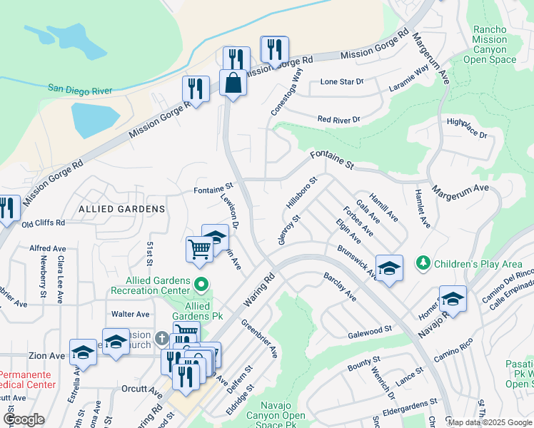 map of restaurants, bars, coffee shops, grocery stores, and more near 5468 Princess View Place in San Diego