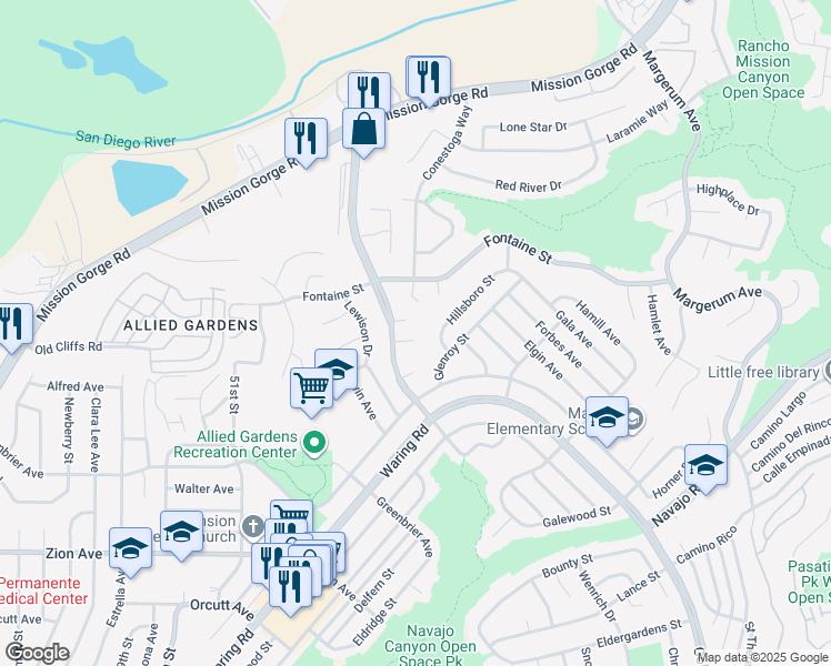map of restaurants, bars, coffee shops, grocery stores, and more near 5468 Princess View Place in San Diego