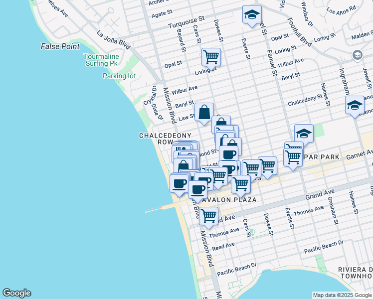 map of restaurants, bars, coffee shops, grocery stores, and more near 4751 Mission Boulevard in San Diego