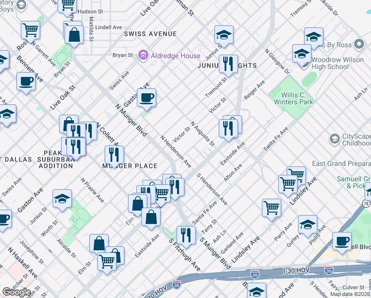 map of restaurants, bars, coffee shops, grocery stores, and more near 5321 Reiger Avenue in Dallas