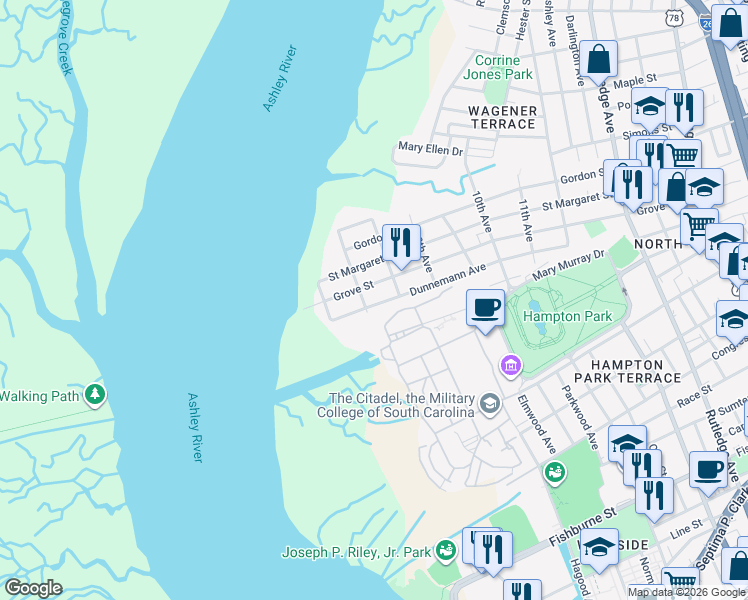 map of restaurants, bars, coffee shops, grocery stores, and more near 164 Dunnemann Avenue in Charleston