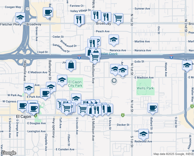 map of restaurants, bars, coffee shops, grocery stores, and more near in El Cajon