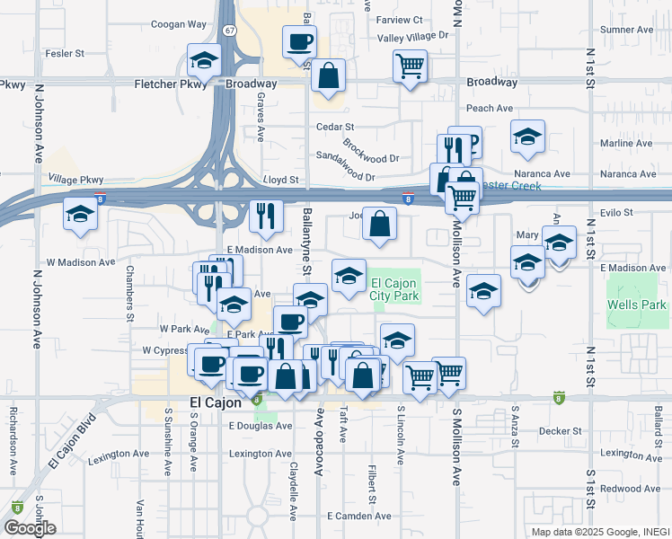 map of restaurants, bars, coffee shops, grocery stores, and more near 545 East Madison Avenue in El Cajon
