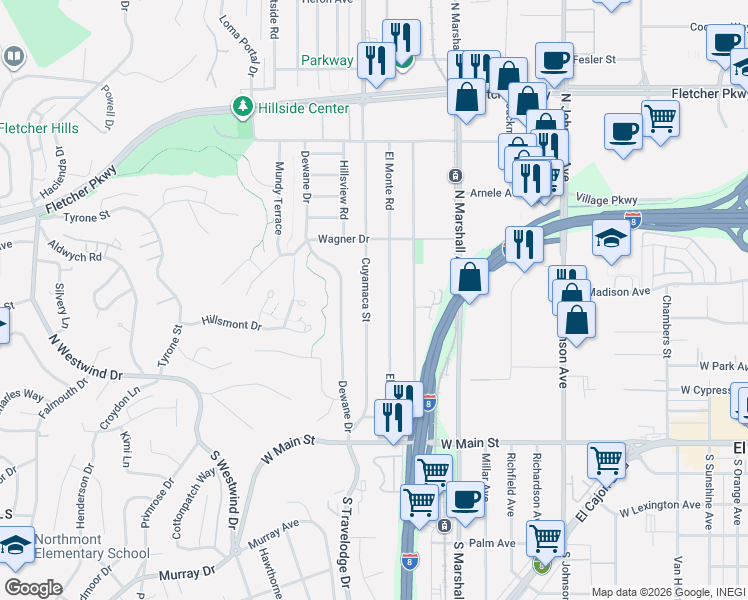 map of restaurants, bars, coffee shops, grocery stores, and more near 484 El Monte Road in El Cajon