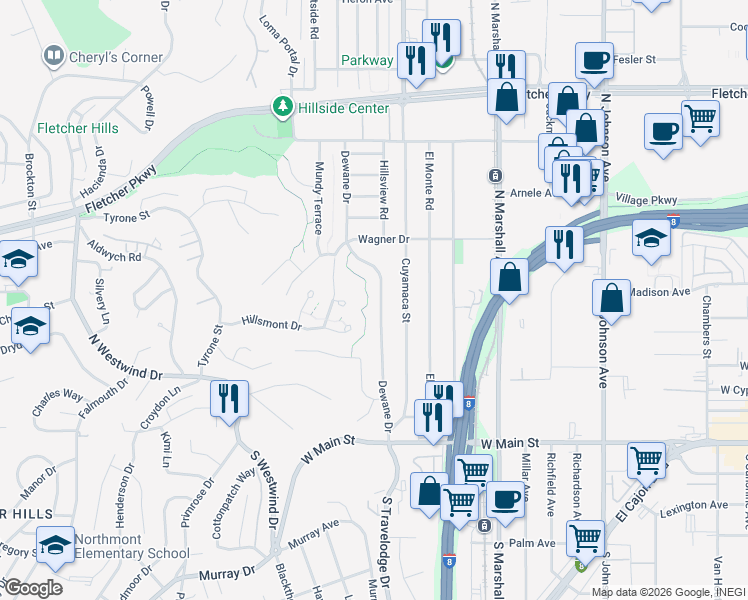 map of restaurants, bars, coffee shops, grocery stores, and more near 466 Dewane Drive in El Cajon