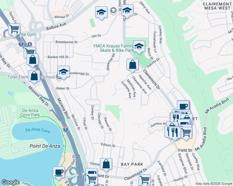 map of restaurants, bars, coffee shops, grocery stores, and more near 4214 Dakota Drive in San Diego