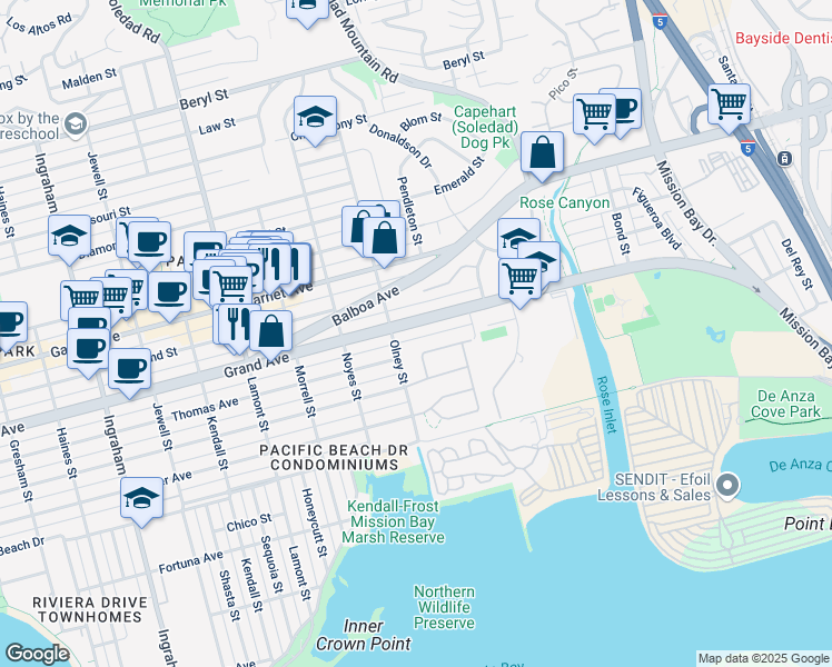 map of restaurants, bars, coffee shops, grocery stores, and more near 2241 Grand Avenue in San Diego