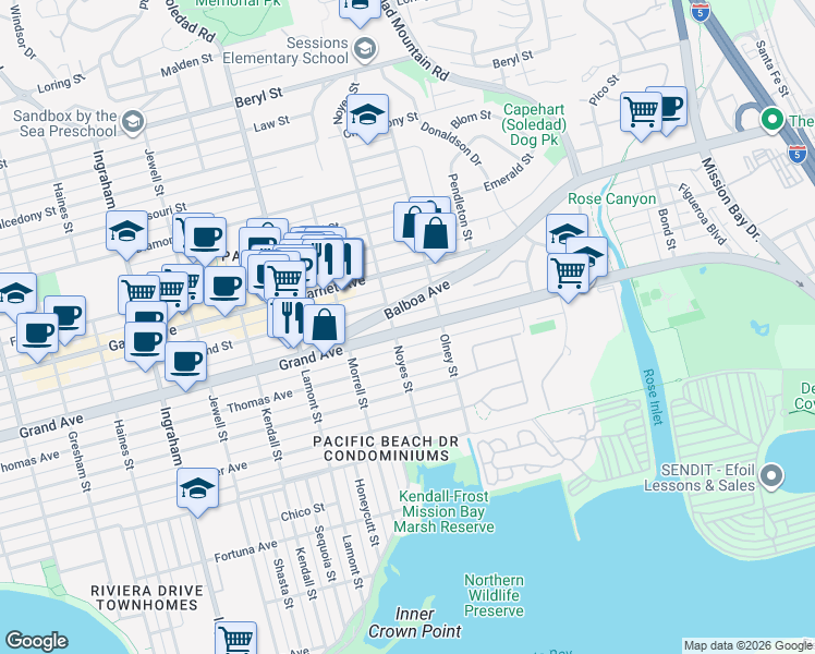 map of restaurants, bars, coffee shops, grocery stores, and more near 2131 Balboa Avenue in San Diego